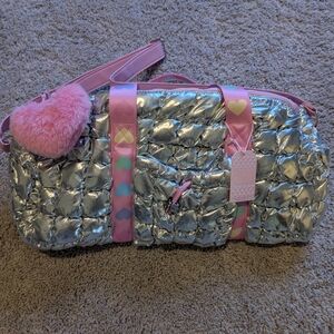 Quilted Silver Kids Bag with Pink Heart Accents